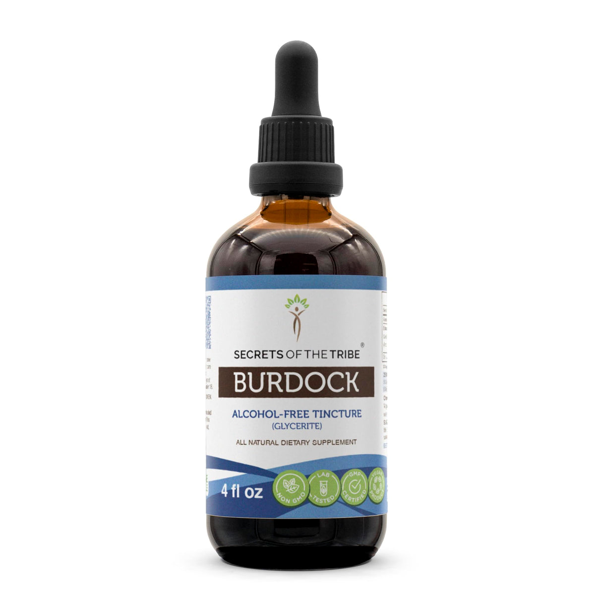 Secrets of the Tribe Burdock Tincture bottle showing easy daily dosing and purity.