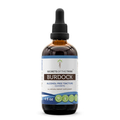 Secrets of the Tribe Burdock Tincture bottle showing easy daily dosing and purity.