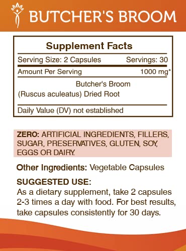 Secrets of the Tribe Butcher's Broom label – clear ingredients and safety details for informed use.