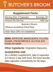 Secrets of the Tribe butcher's broom packaging shows gluten-free, preservative-free credentials.