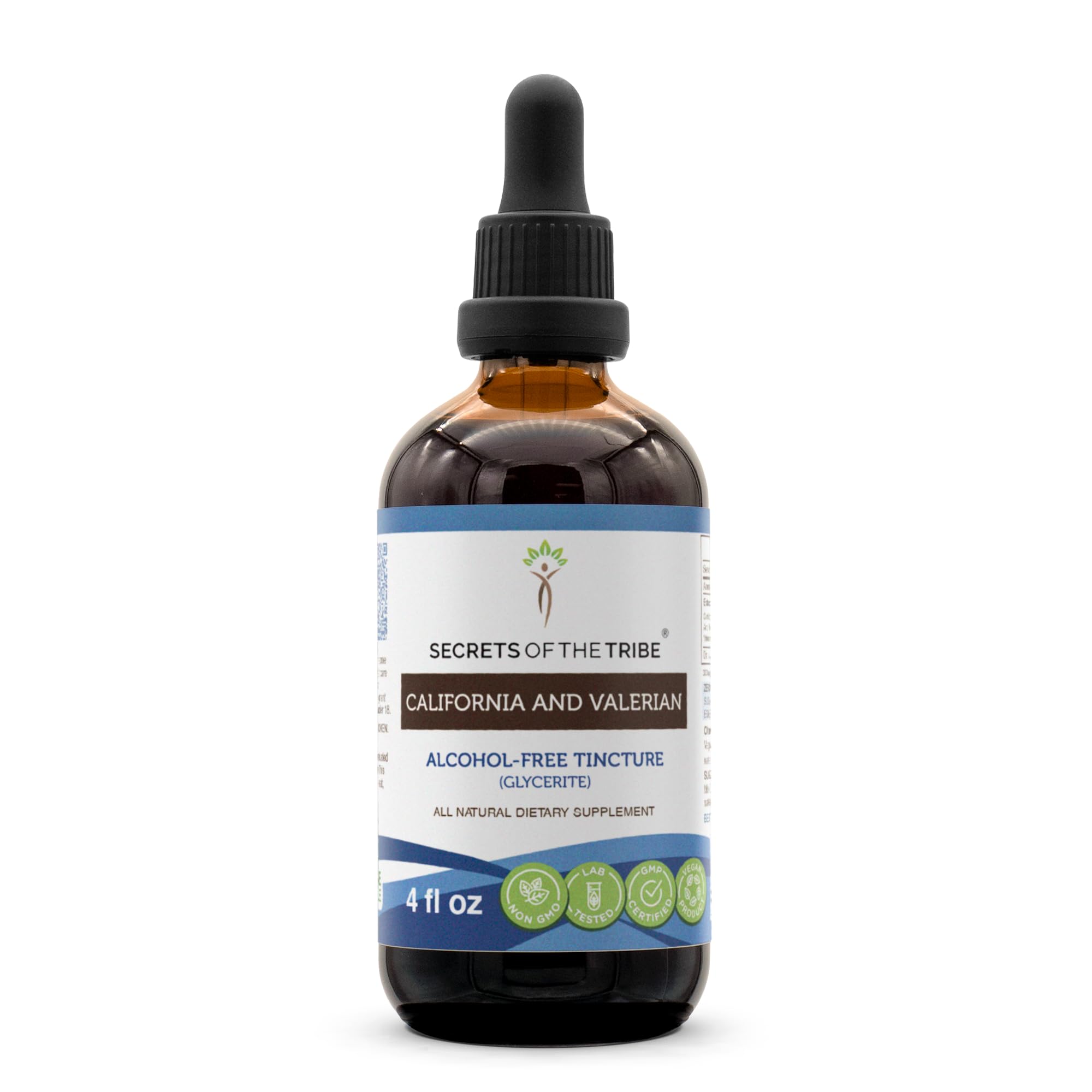 Secrets of the Tribe tincture bottle with California poppy and valerian for calming routines