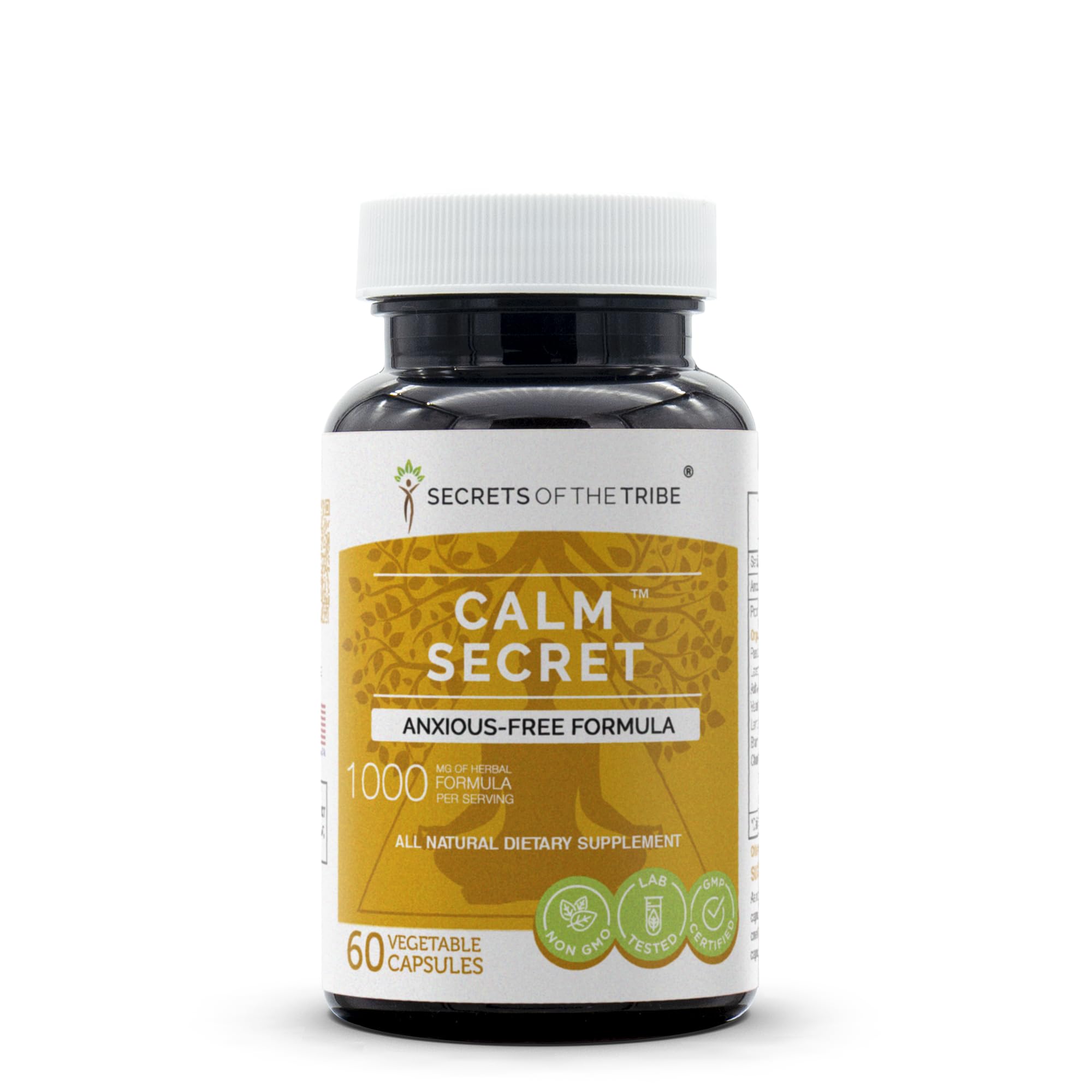 Secrets of the Tribe Calm Secret bottle close-up, premium herbal capsules for daily calm