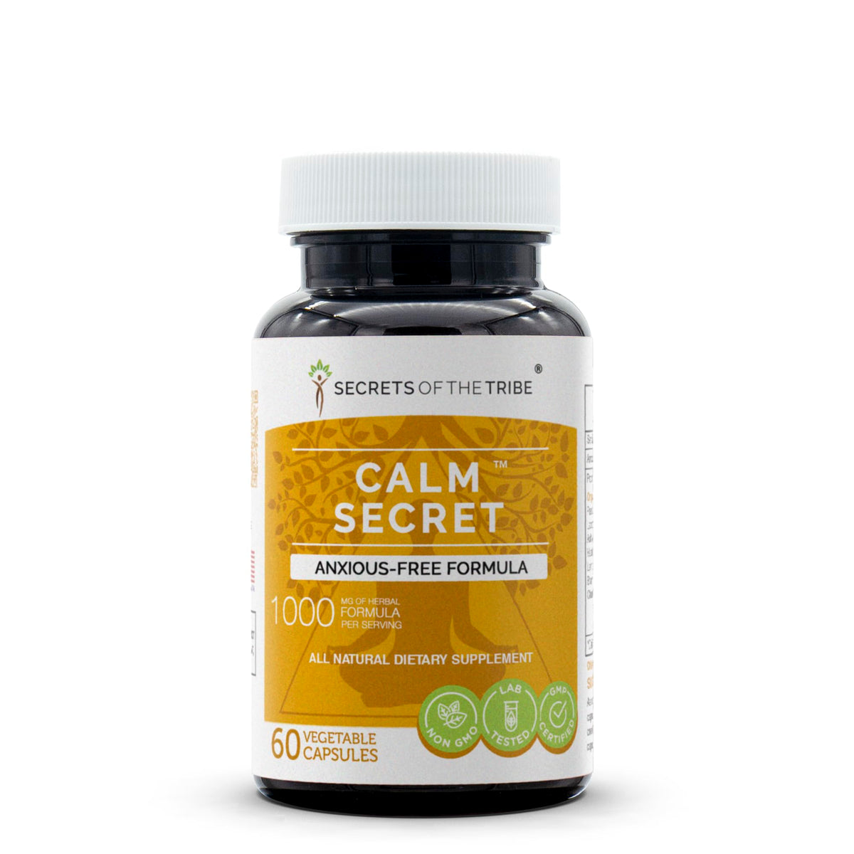 Secrets of the Tribe Calm Secret bottle close-up, premium herbal capsules for daily calm