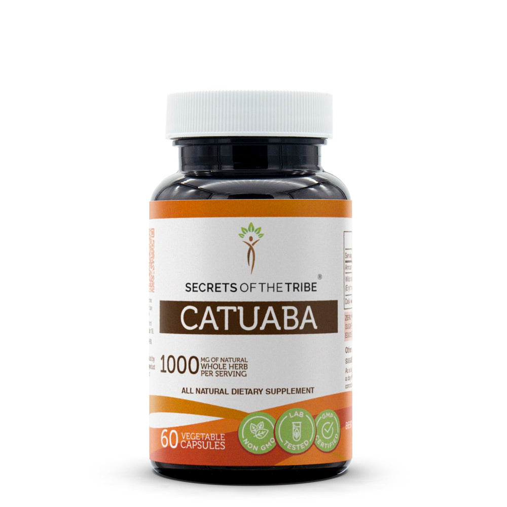 Secrets of the Tribe Catuaba bottle pour shows premium packaging for daily wellness support