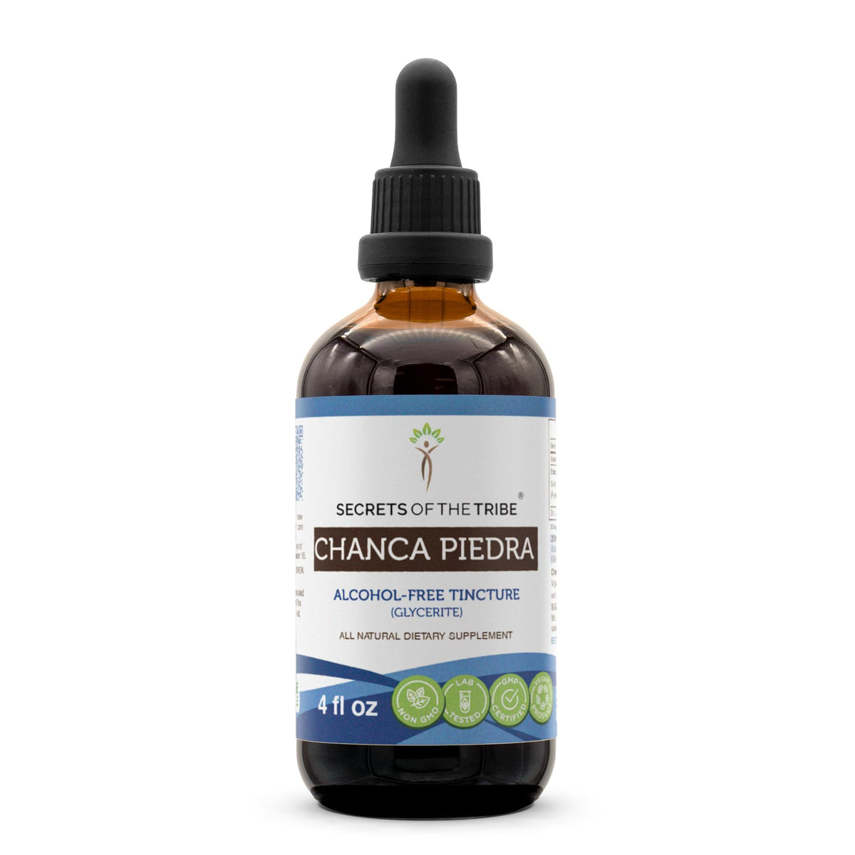 Secrets of the Tribe Chanca Piedra tincture bottle front view for easy daily use.