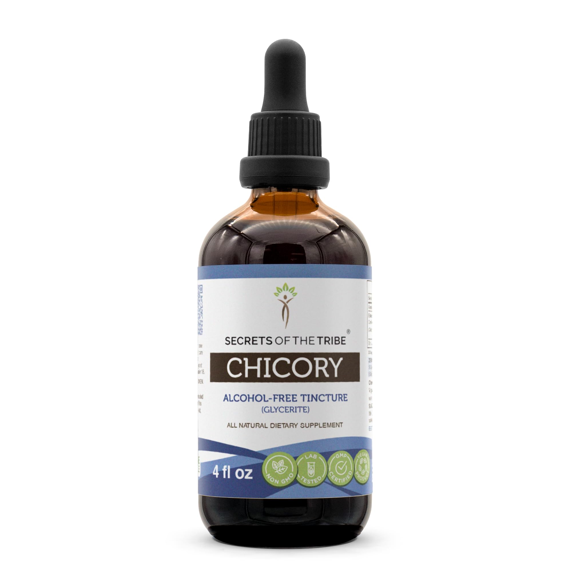 Secrets of the Tribe chicory tincture bottle front shows premium, alcohol-free extract for daily use.