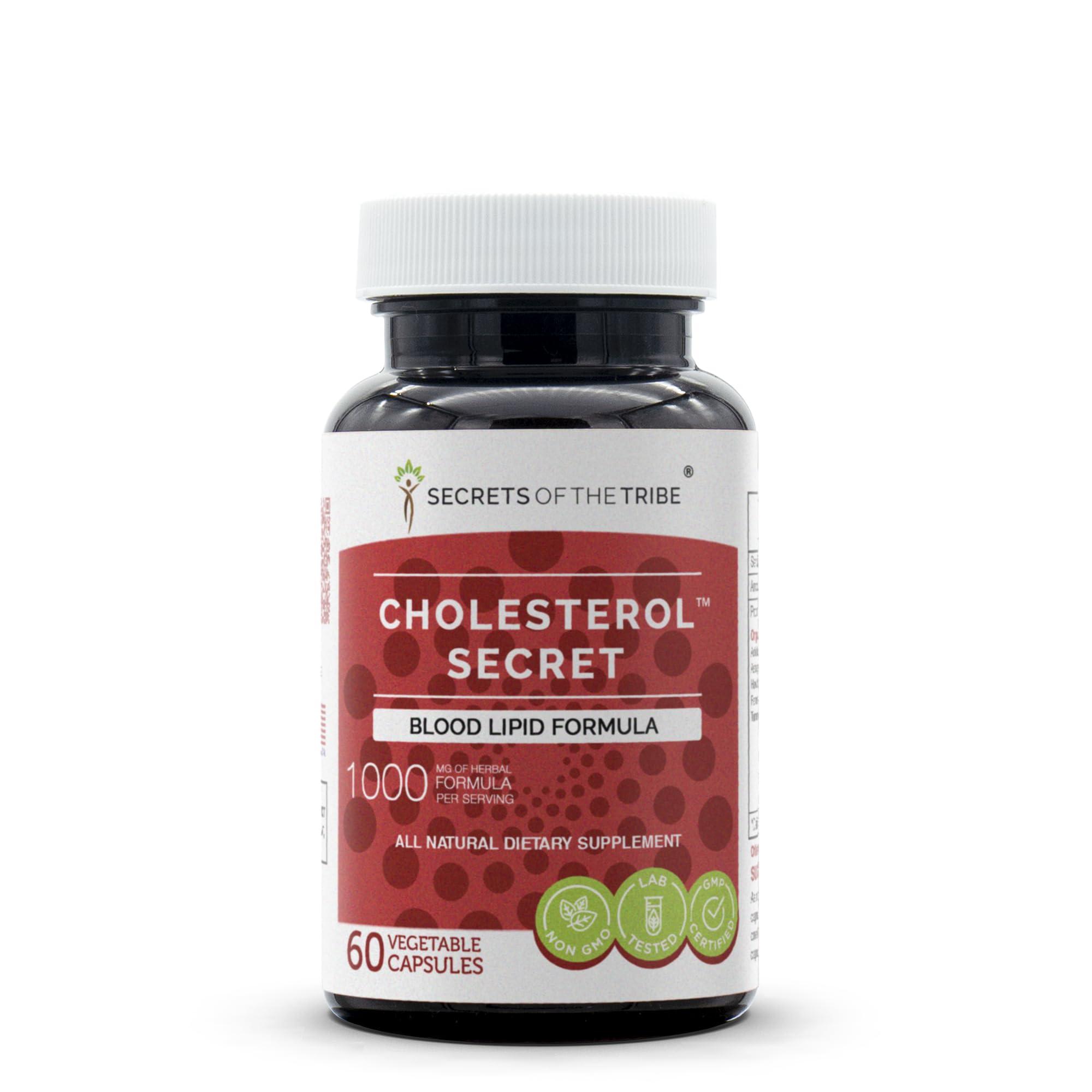 Secrets of the Tribe Cholesterol Secret bottle front shows capsules for daily heart-support nutrition.