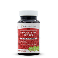Secrets of the Tribe Cholesterol Secret bottle front shows capsules for daily heart-support nutrition.