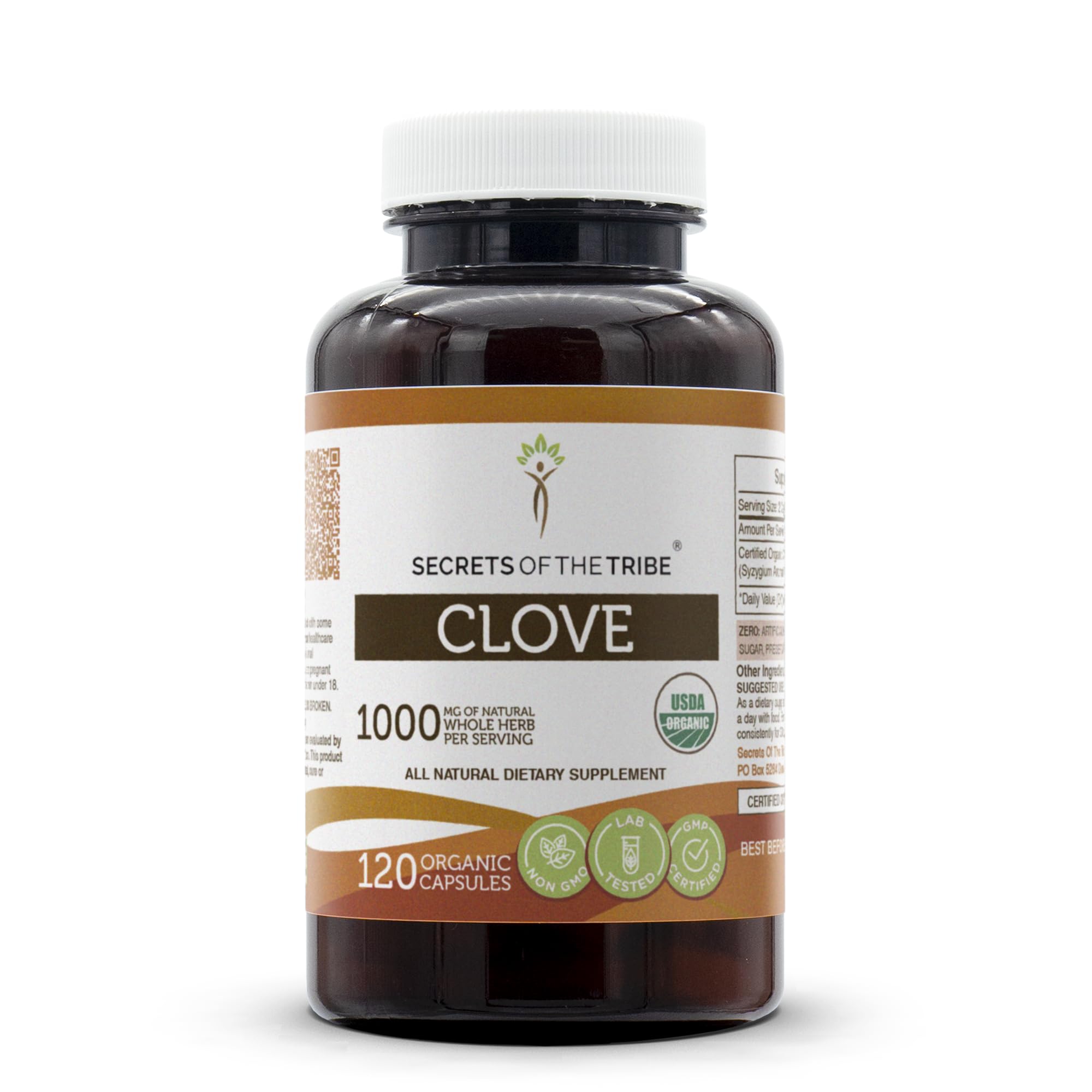Secrets of the Tribe Clove Capsules bottle front, vegan herbal supplement for daily wellness.