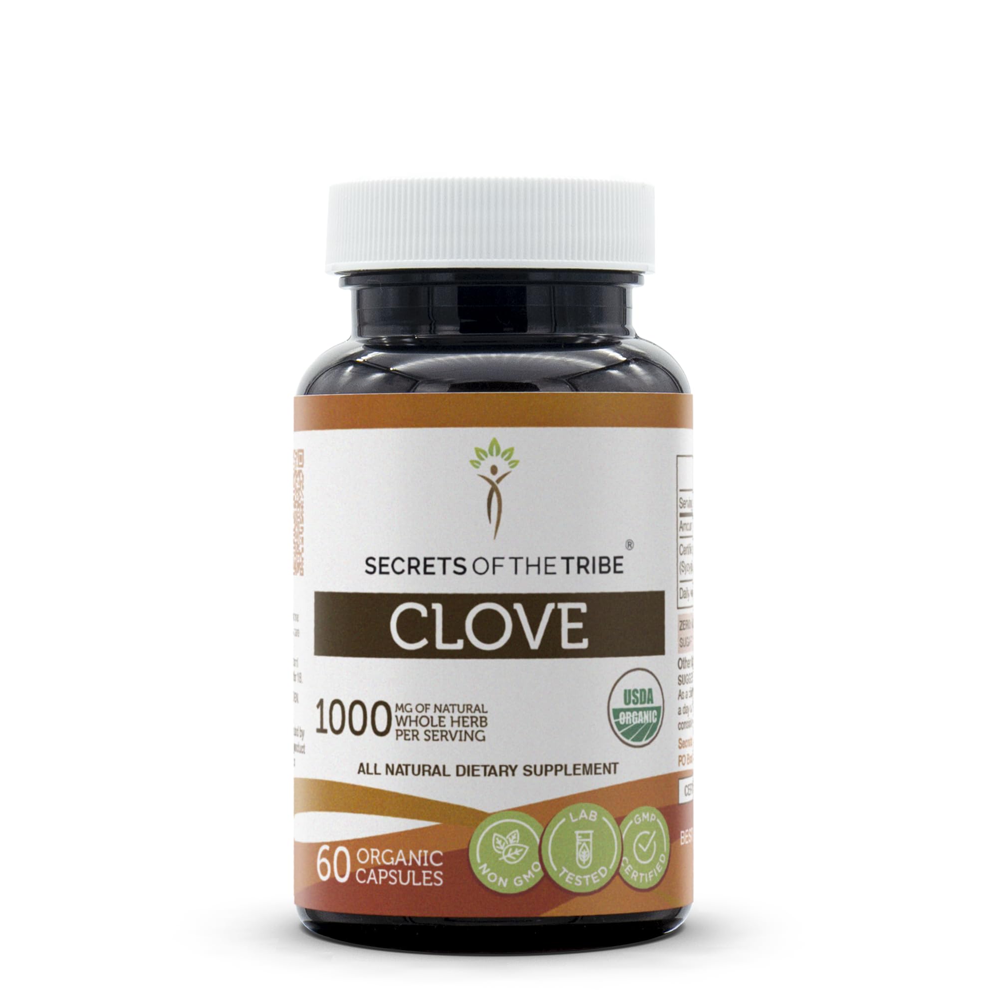 Secrets of the Tribe clove capsules bottle, convenient daily supplementation.