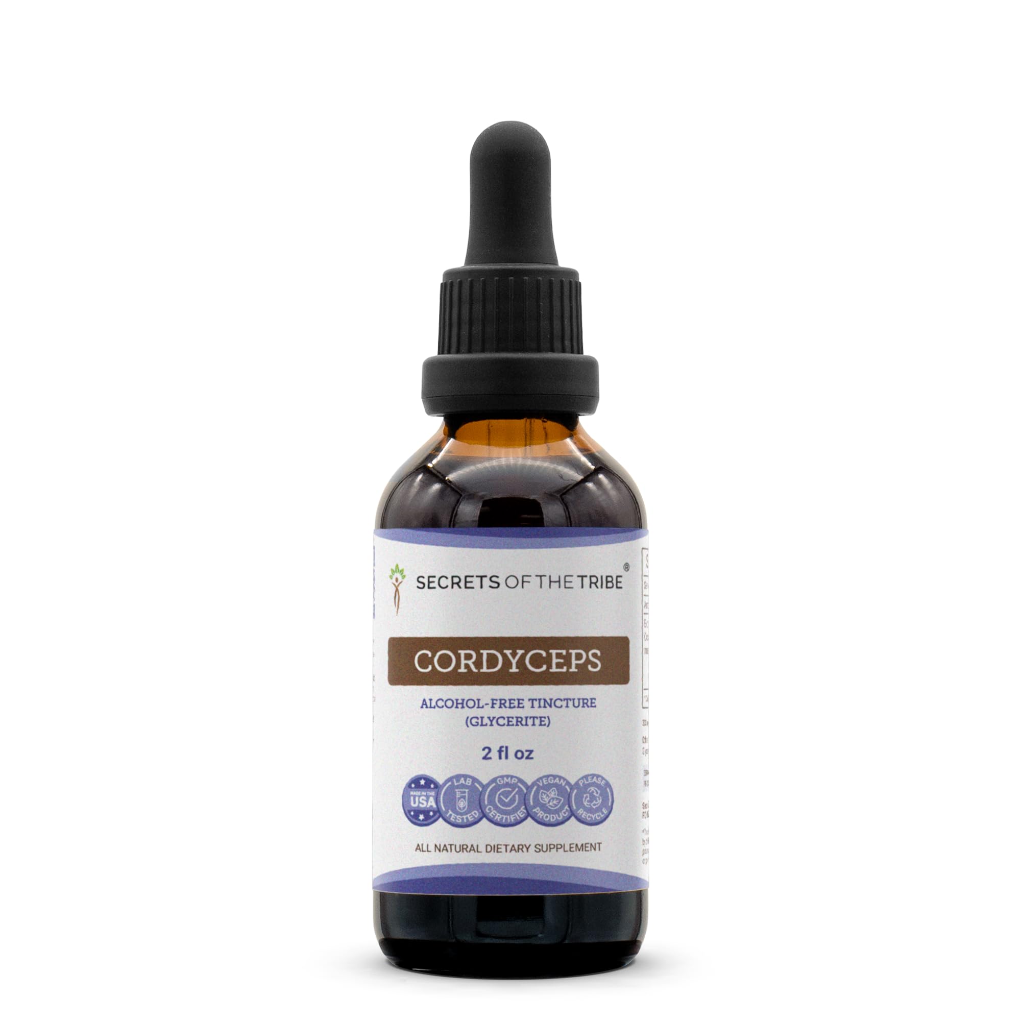 Secrets of the Tribe Cordyceps tincture bottle for daily vitality and easy dosing.
