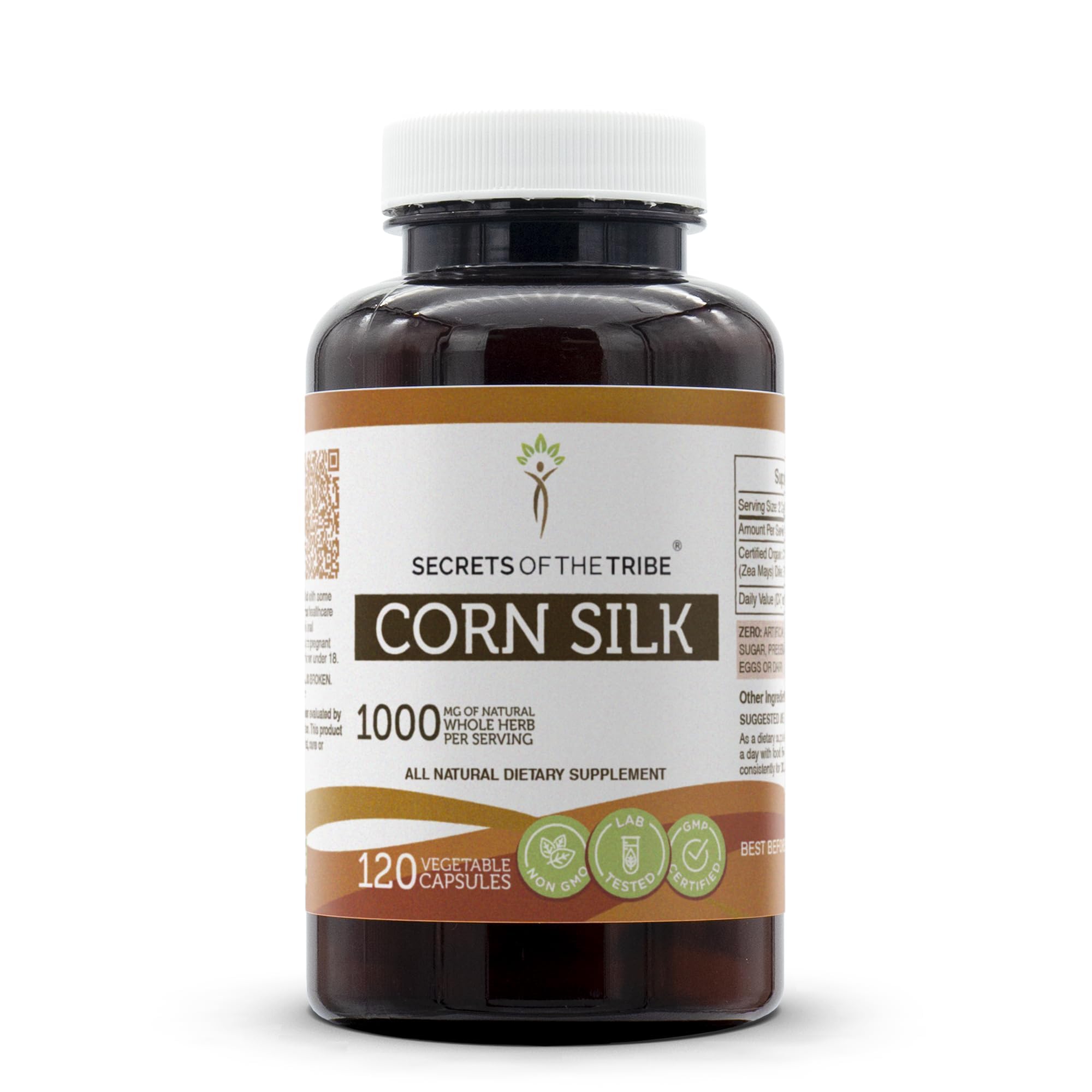 Secrets of the Tribe Corn Silk capsules bottle front showing organic quality for daily wellness.