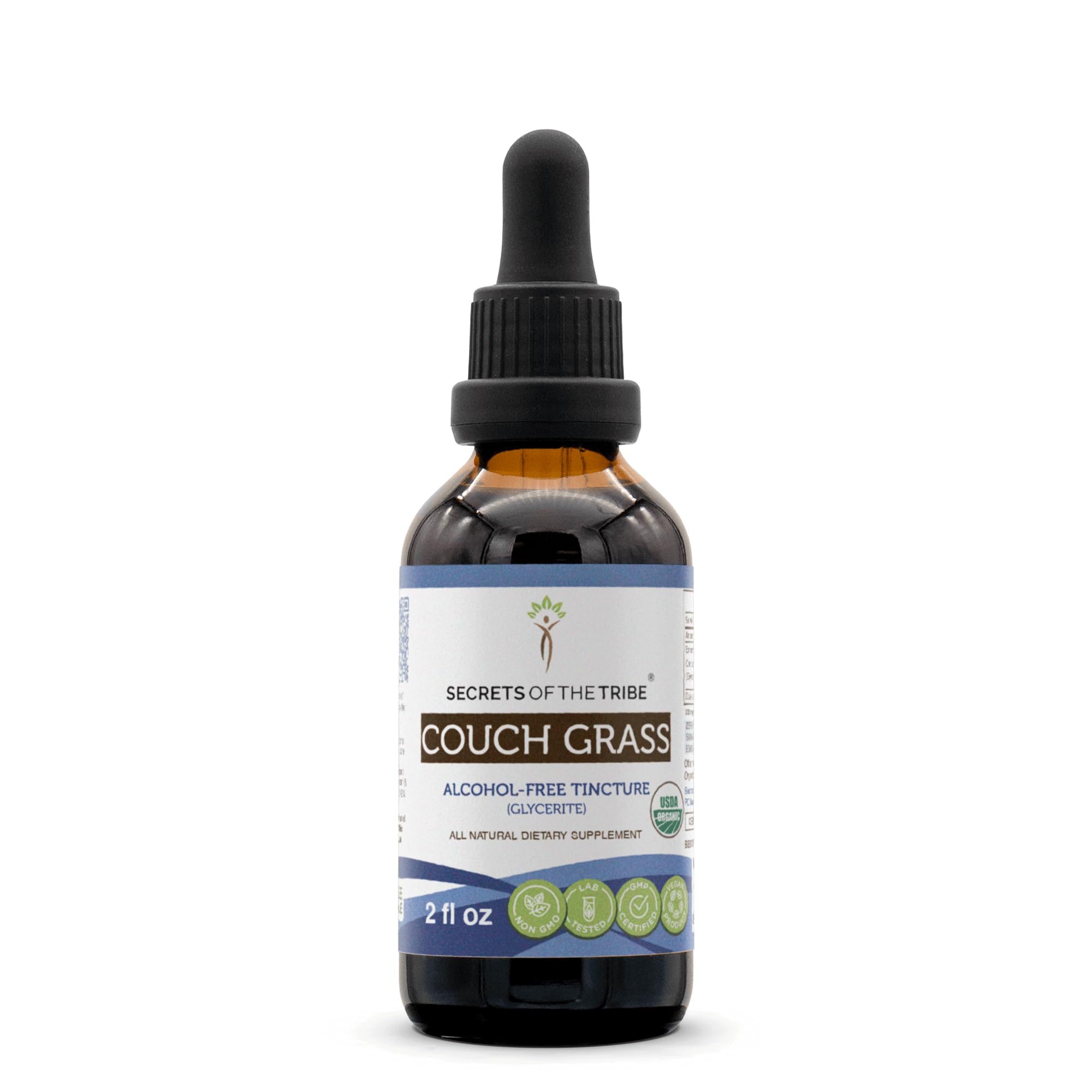 Secrets of the Tribe Couch Grass bottle showcases premium organic extract for daily wellness.