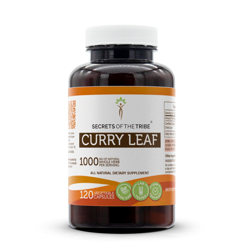Secrets of the Tribe curry leaf capsules bottle front supports daily wellness.