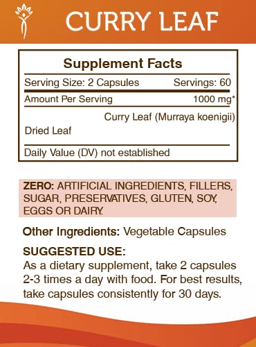 The Secrets of the Tribe curry leaf capsules bottle label shows purity and ingredients.