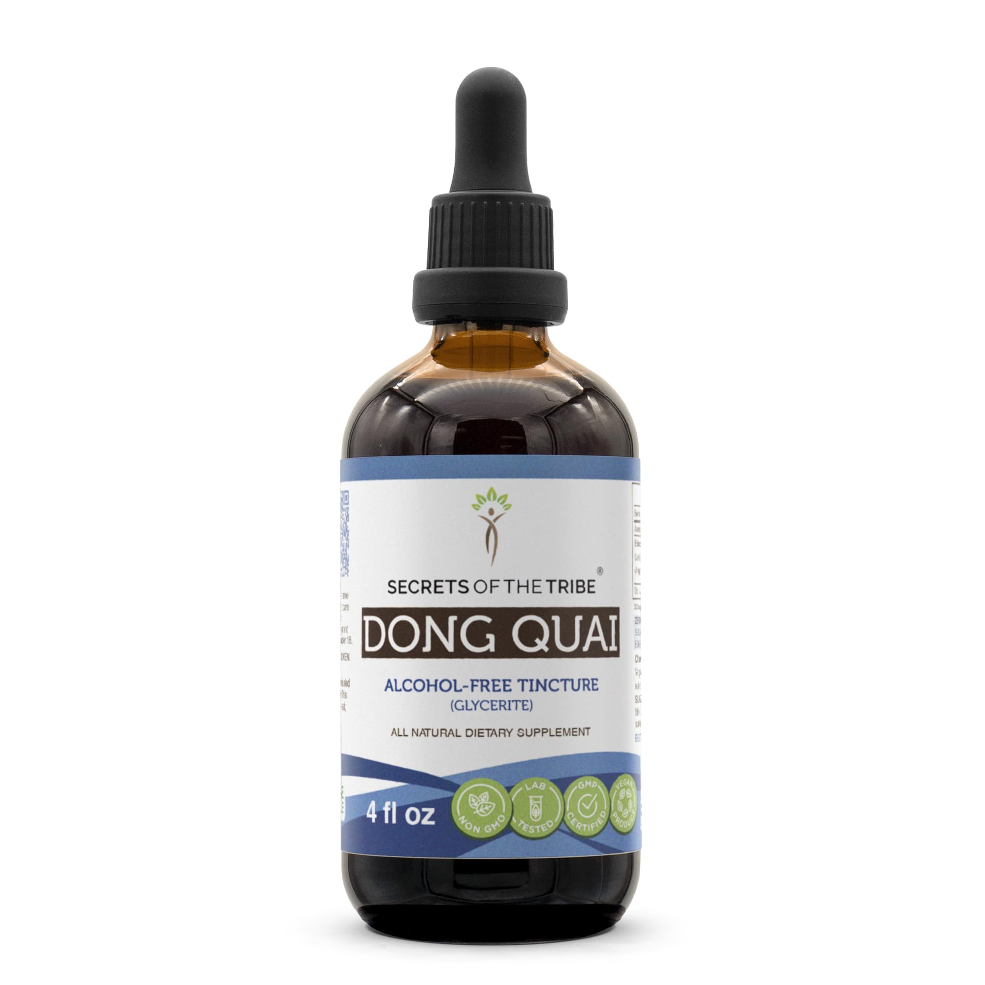 Secrets of the Tribe Dong Quai tincture bottle highlighting premium extraction for daily balance.