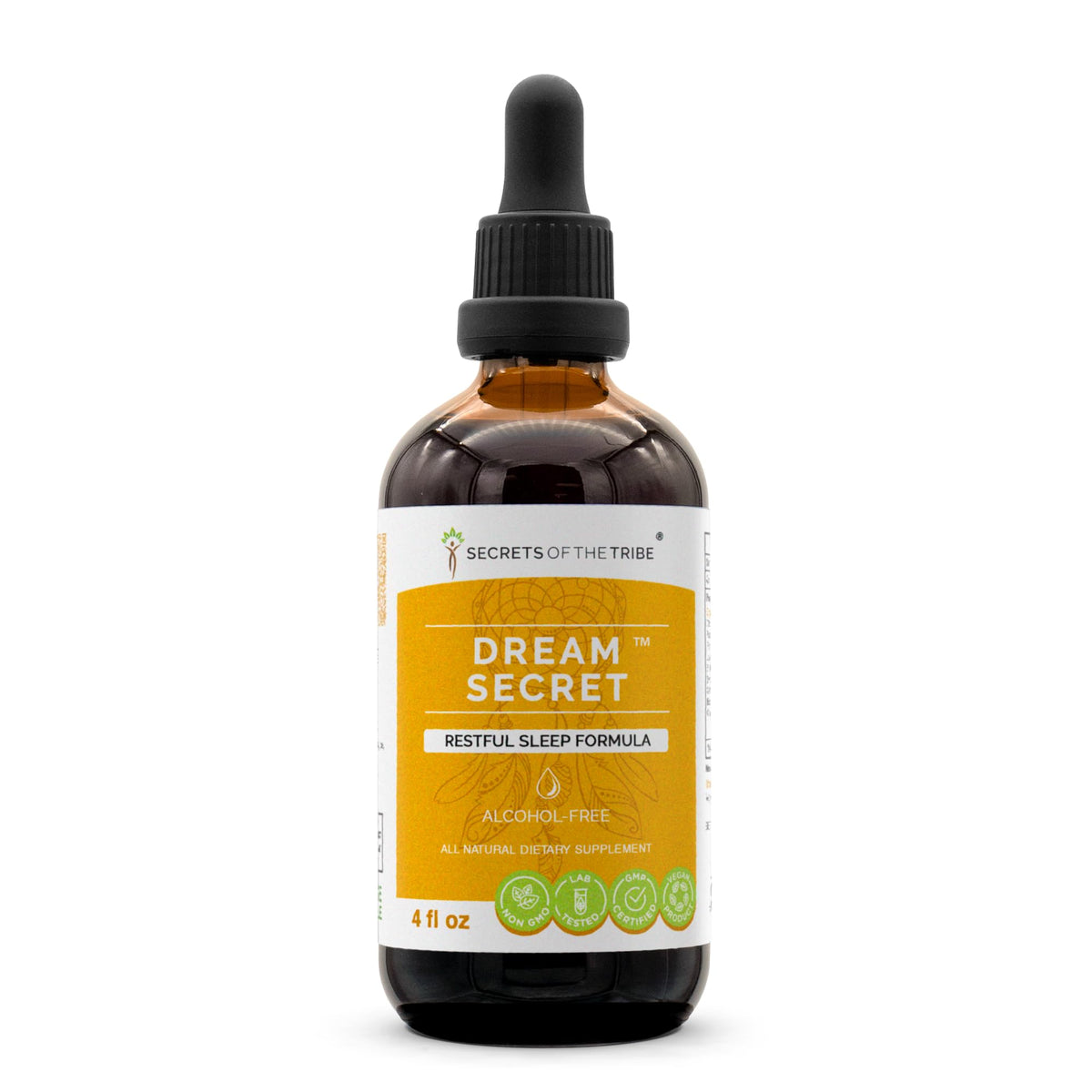 Secrets of the Tribe Dream Secret bottle close-up, premium sleep blend for calm evenings.