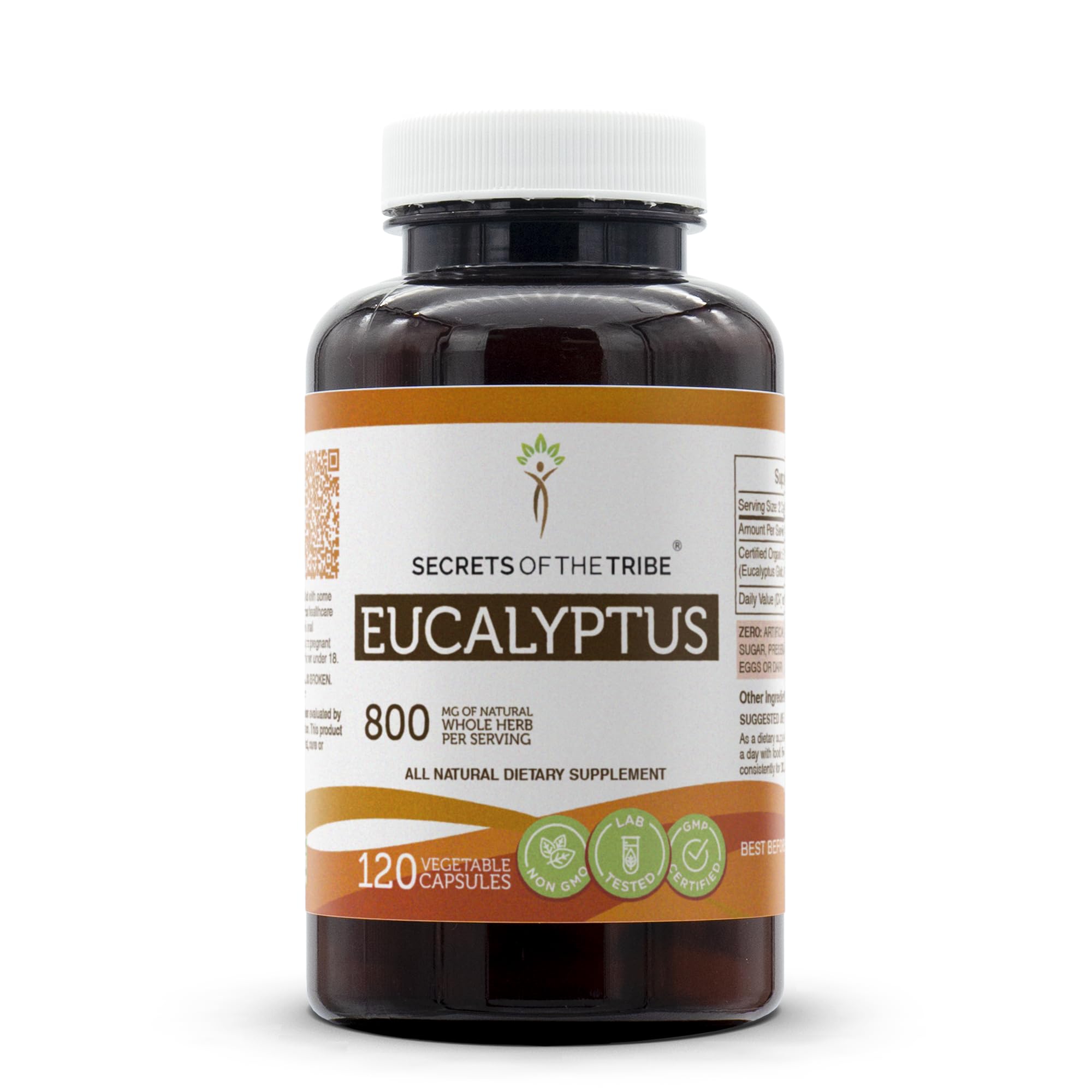 Secrets of the Tribe eucalyptus bottle with 120 capsules for daily herbal support.