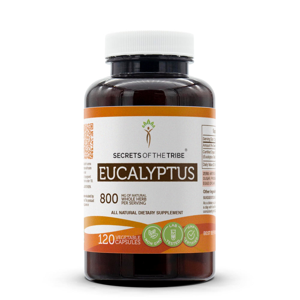 Secrets of the Tribe eucalyptus bottle with 120 capsules for daily herbal support.