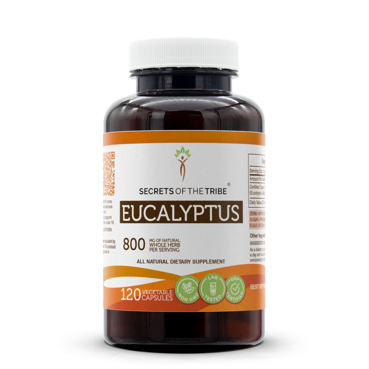 Secrets of the Tribe eucalyptus bottle with 120 capsules for daily herbal support.