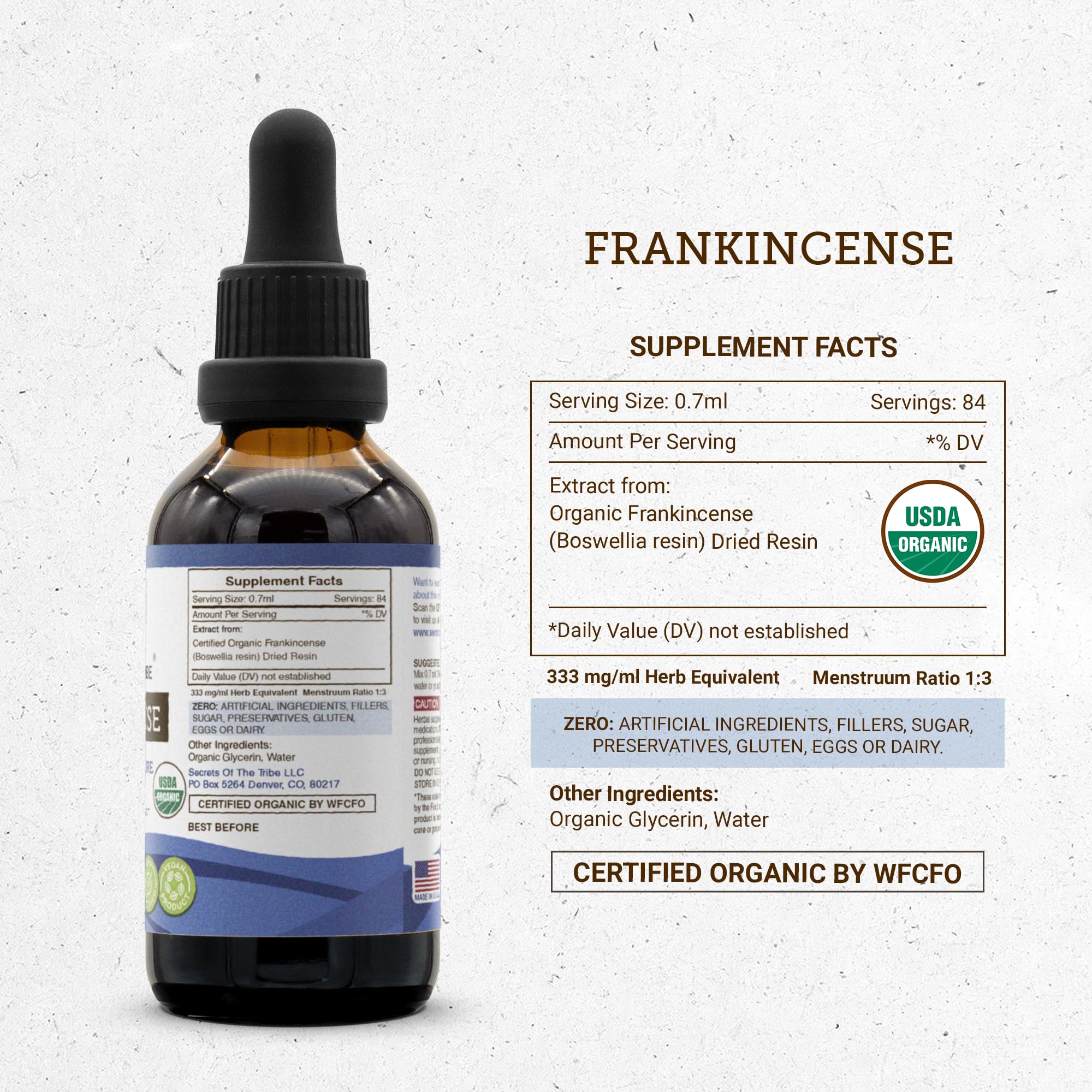 Secrets of the Tribe Frankincense packaging front showcases premium, USDA organic certification