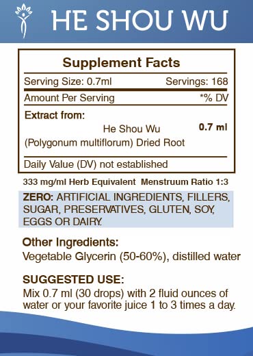 Secrets of the Tribe He Shou Wu tincture ingredients visual highlighting natural sourcing.