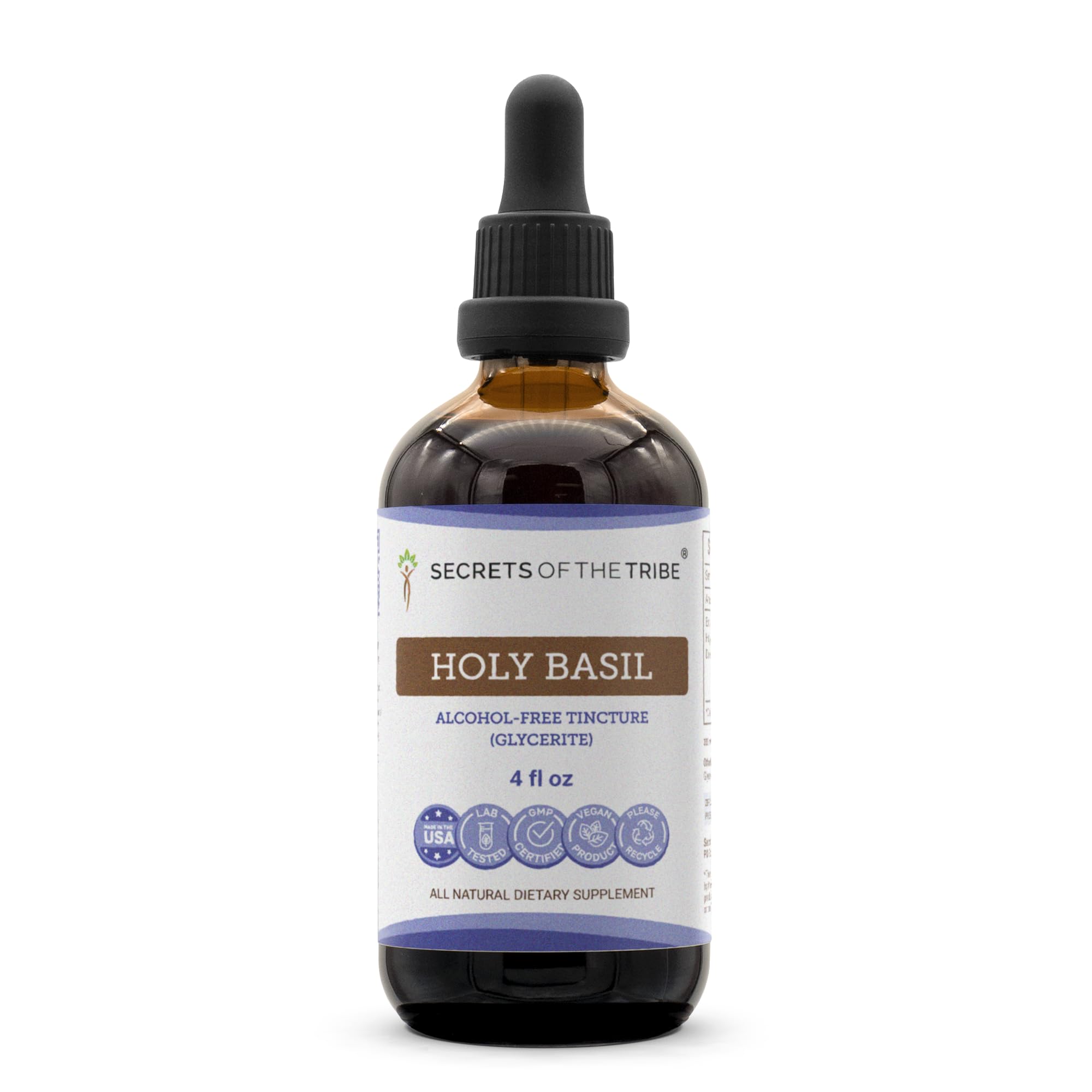 Secrets of the Tribe Holy Basil tincture bottle shows alcohol-free extract for daily wellness.