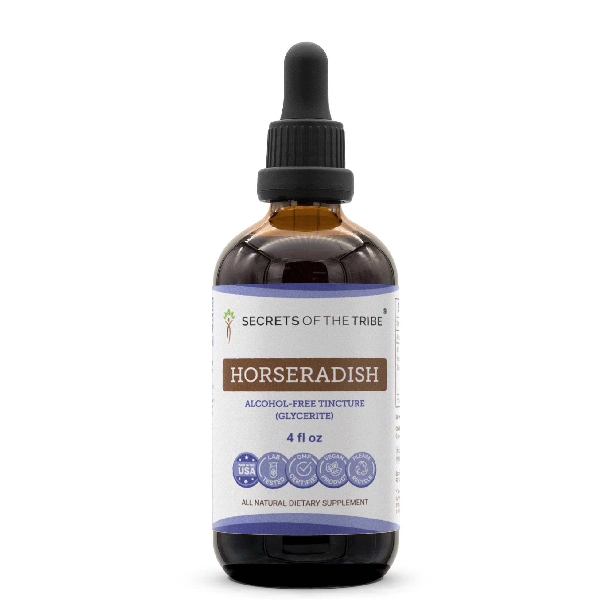 Secrets of the Tribe horseradish tincture bottle shows alcohol-free extract for daily use