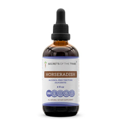 Secrets of the Tribe horseradish tincture bottle shows alcohol-free extract for daily use