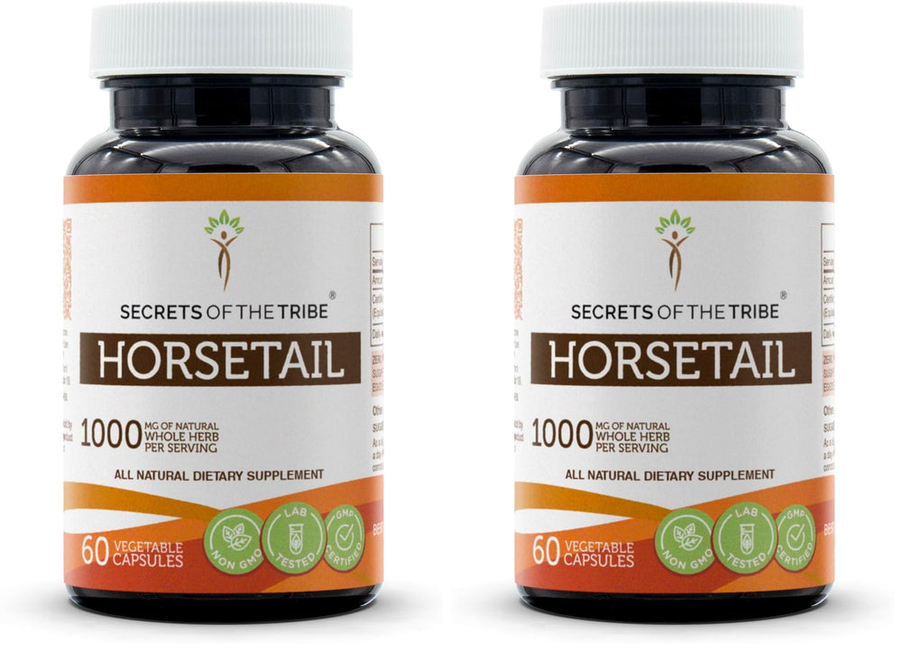 Secrets of the Tribe Horsetail bottle front showing high potency herbal capsules for daily use
