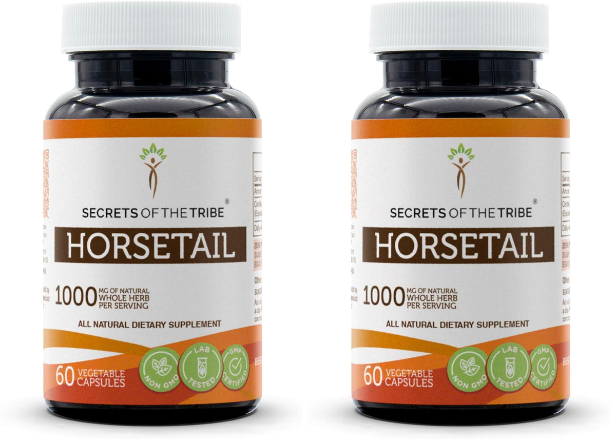 Secrets of the Tribe Horsetail bottle front showing high potency herbal capsules for daily use