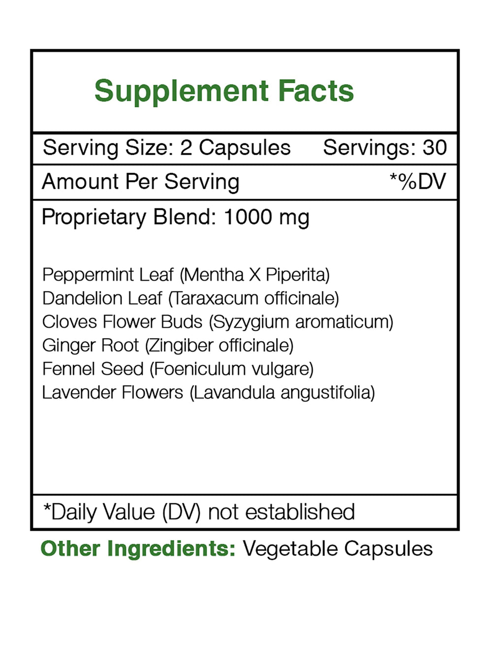 Secrets of the Tribe Intesti Secret ingredients label featuring peppermint and fennel.