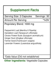Secrets of the Tribe Intesti Secret ingredients label featuring peppermint and fennel.