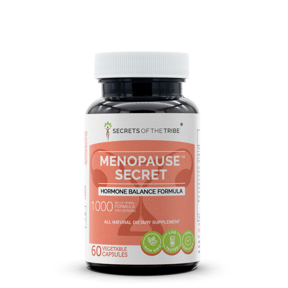 Secrets of the Tribe menopause secret bottle front shows herbal blend for daily balance