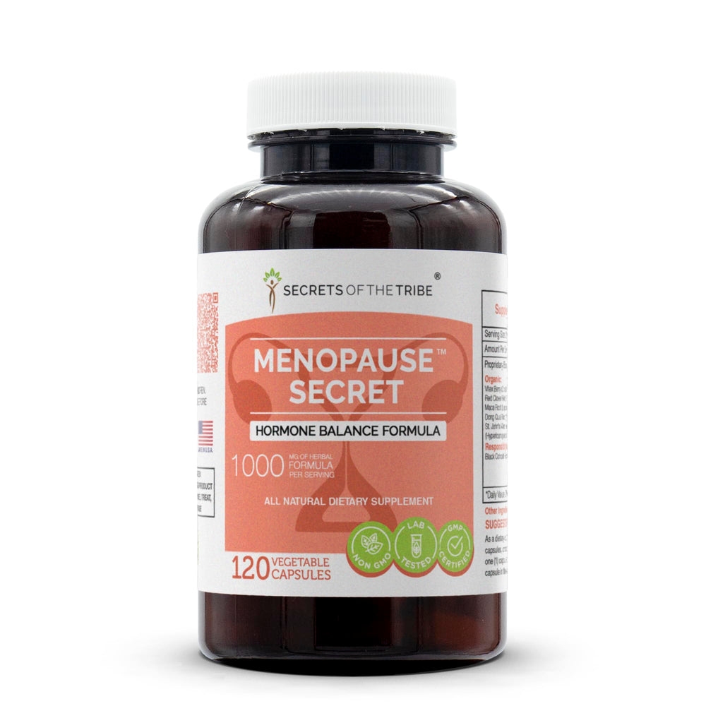 Secrets of the Tribe menopause secret bottle showing the herbal blend for daily balance
