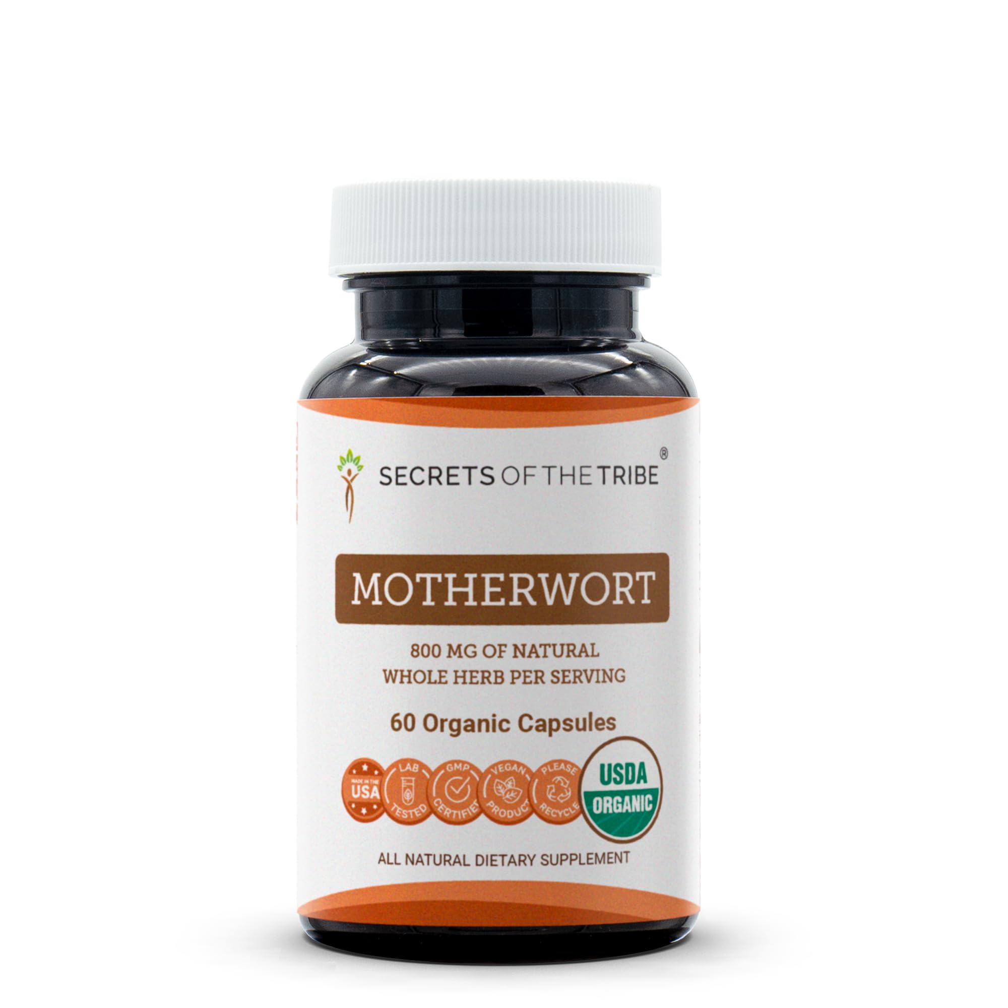 Secrets of the Tribe Motherwort capsules bottle close-up for daily wellness support.