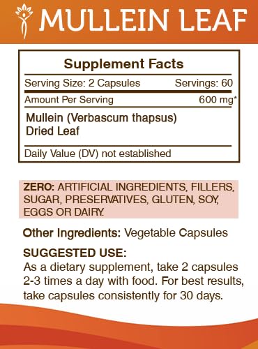 Secrets of the Tribe Mullein Leaf Capsules label close-up emphasizes purity