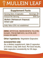 Secrets of the Tribe Mullein Leaf Capsules label close-up emphasizes purity