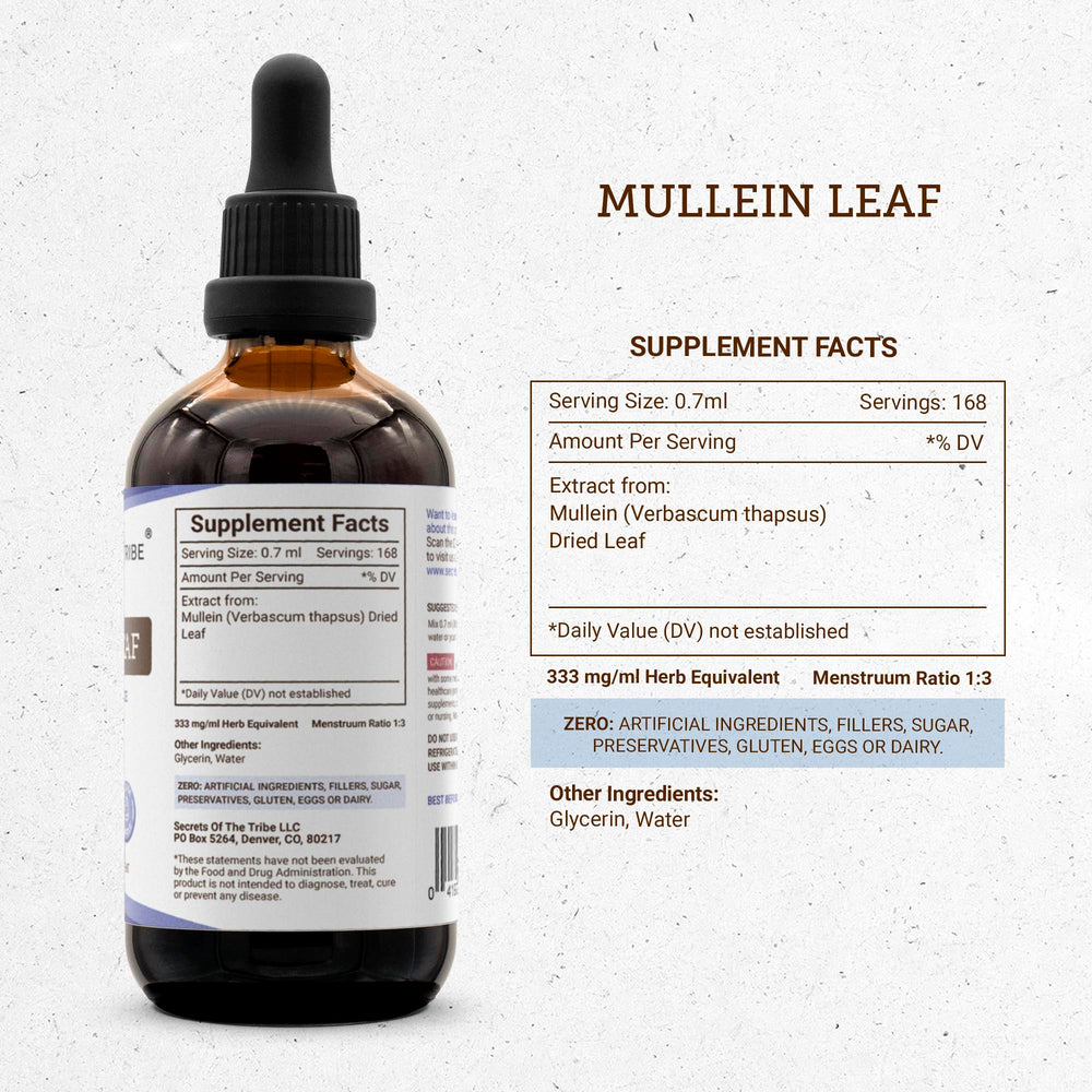 Secrets of the Tribe Mullein Leaf Extract bottle captured from the side.