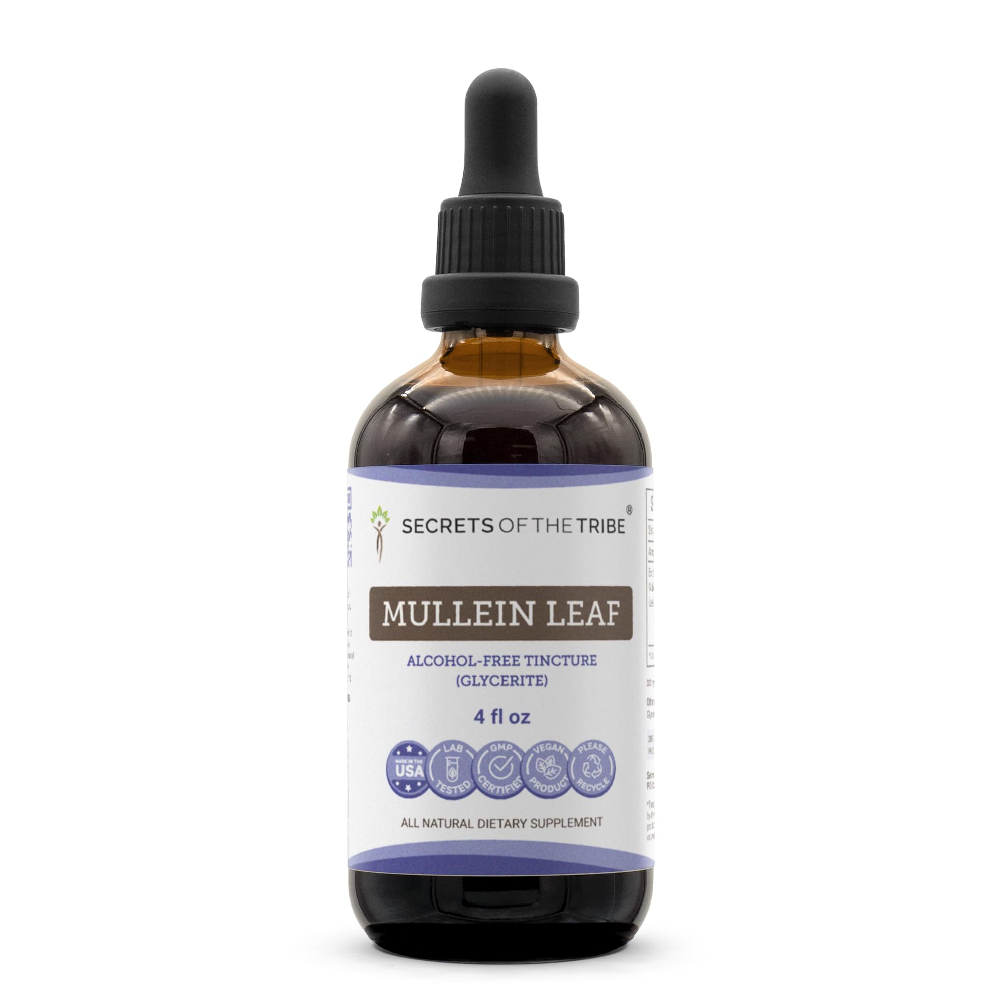 Secrets of the Tribe Mullein Leaf Extract bottle for easy daily dosing.