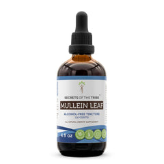 Secrets of the Tribe Mullein Leaf Tincture bottle shows alcohol-free formula for daily use.