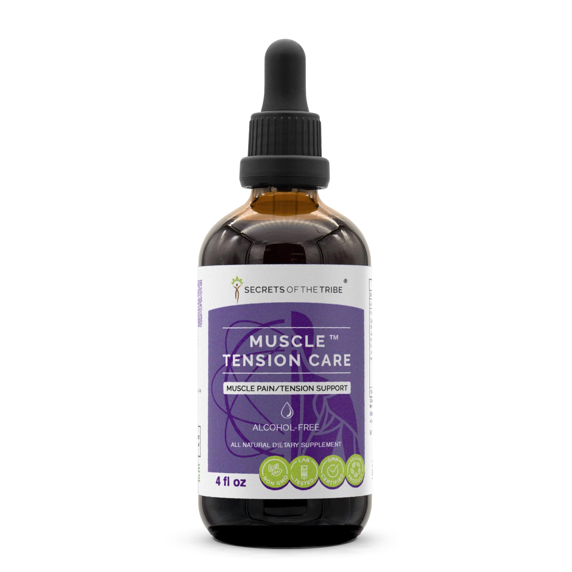 Secrets of the Tribe muscle tension bottle pour showing quick-relief herbal blend
