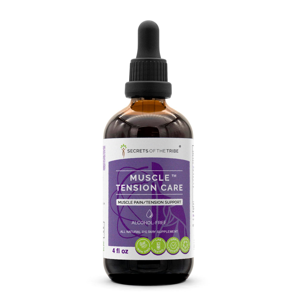 Secrets of the Tribe muscle tension bottle pour showing quick-relief herbal blend