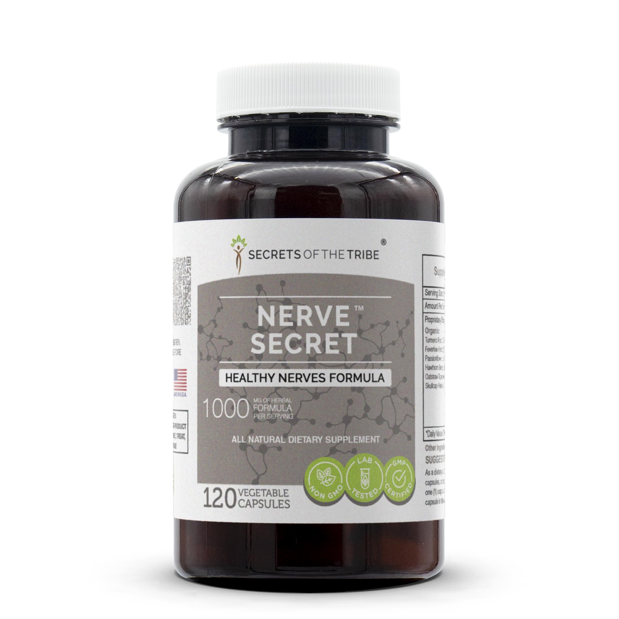 Secrets of the Tribe Nerve Secret bottle label highlights gluten-free, natural capsules.
