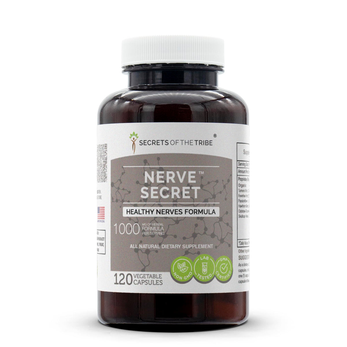 Secrets of the Tribe Nerve Secret bottle label highlights gluten-free, natural capsules.