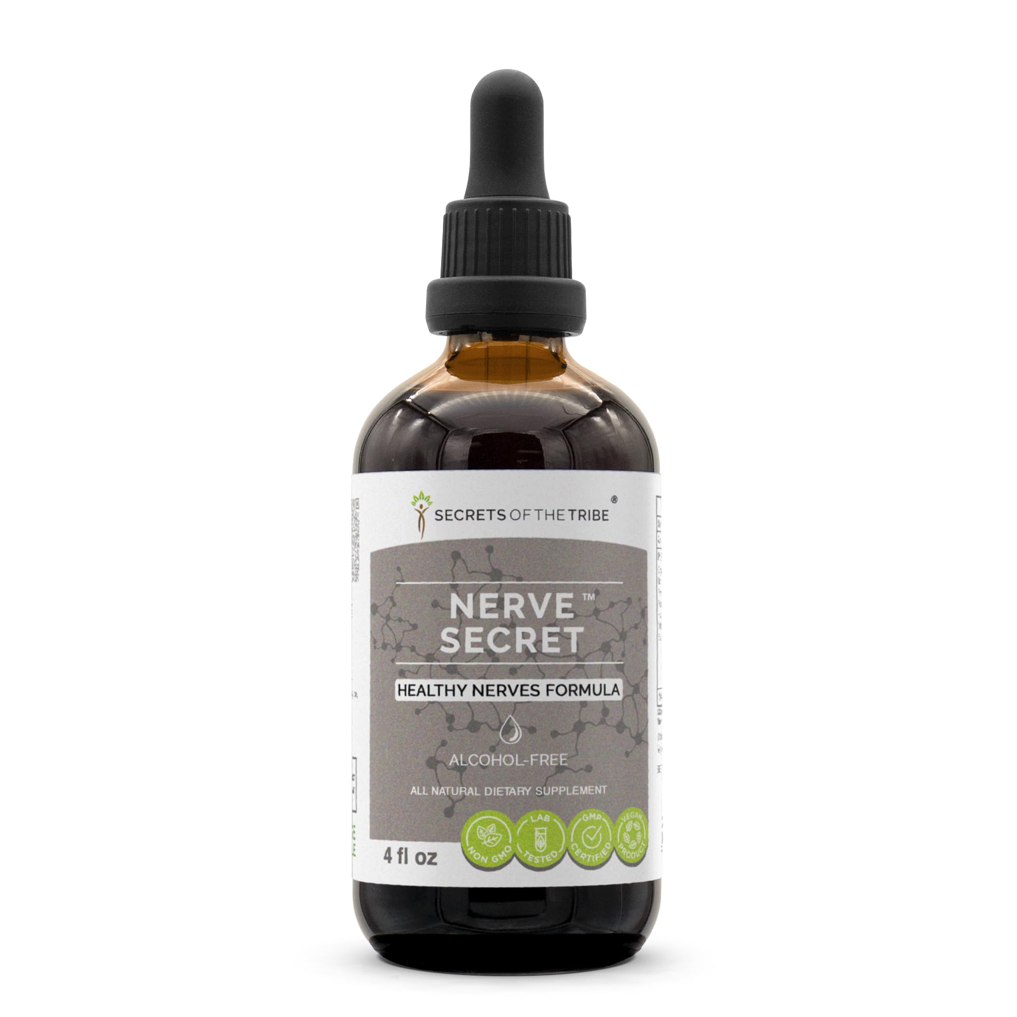 Secrets of the Tribe Nerve Secret bottle pour shows easy, alcohol-free dosing.