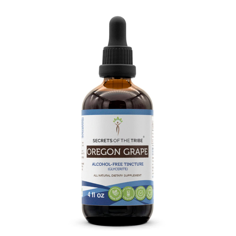 Secrets of the Tribe Oregon Grape bottle with alcohol-free extract for easy daily use.