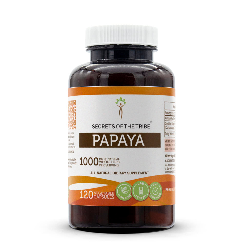 Secrets of the Tribe Papaya capsules bottle for easy daily wellness.