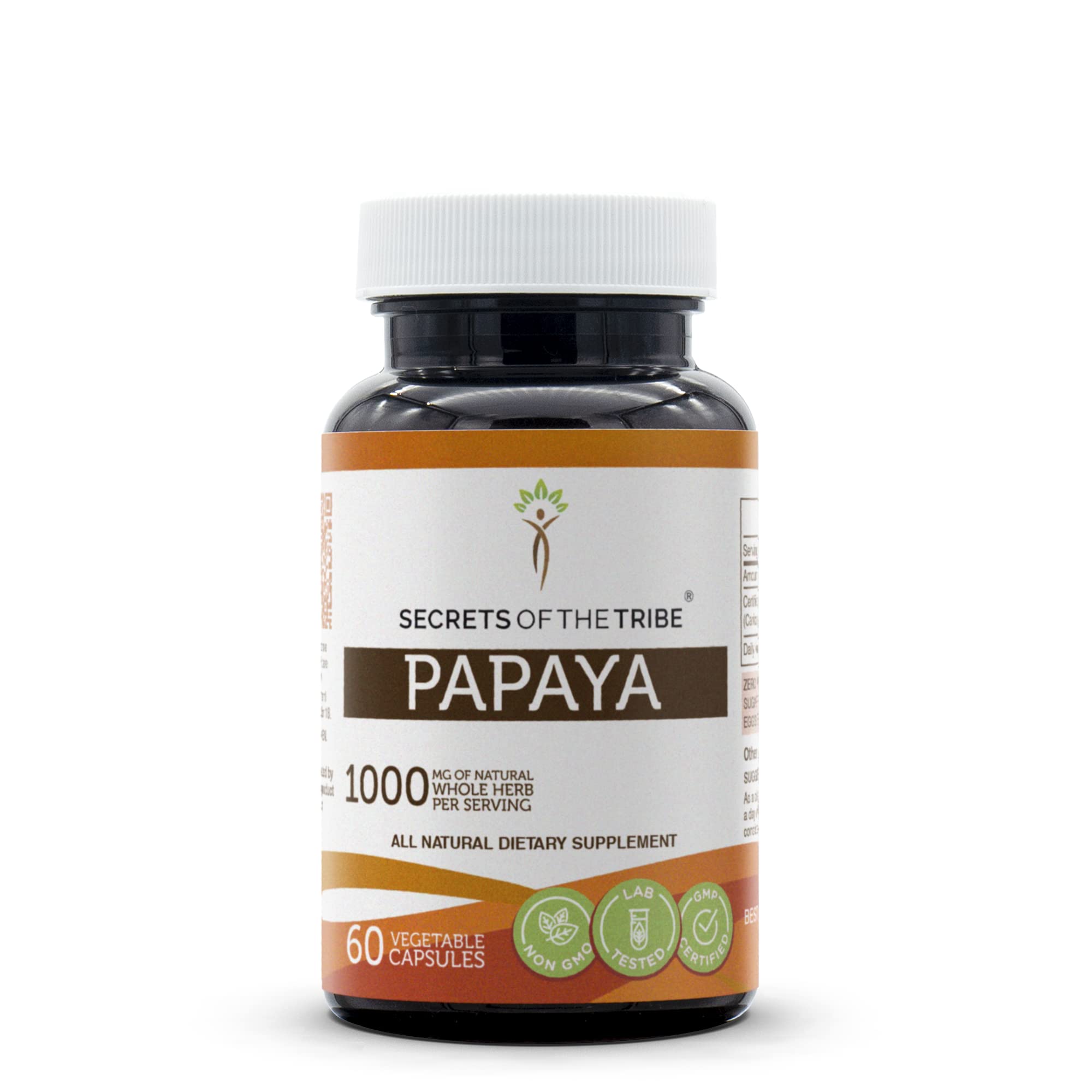 Secrets of the Tribe papaya bottle front with label and capsules for easy daily use.