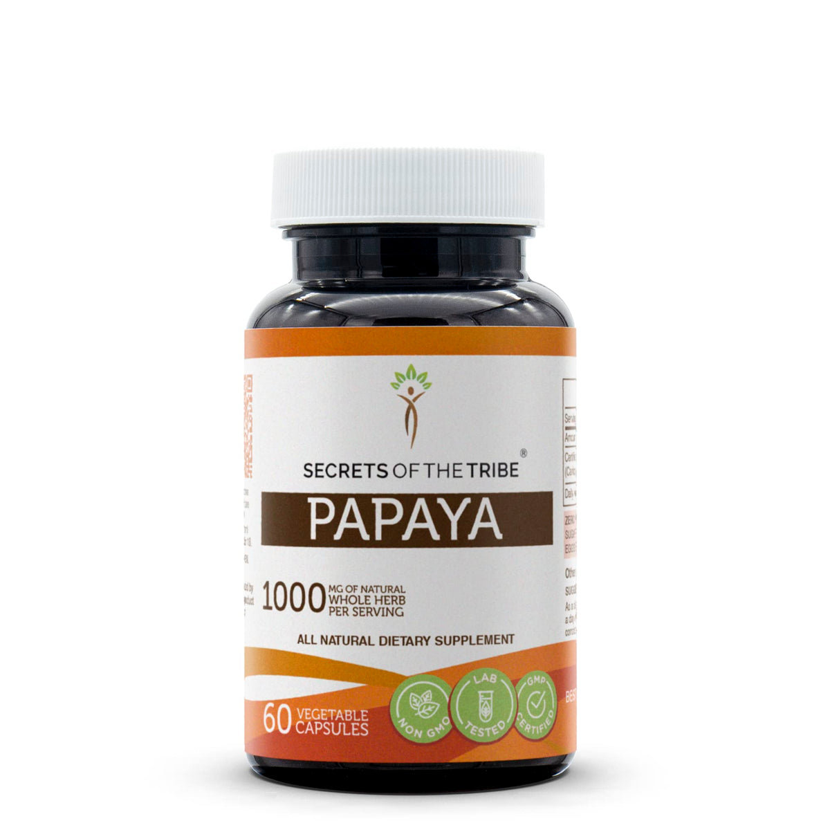 Secrets of the Tribe papaya bottle front with label and capsules for easy daily use.
